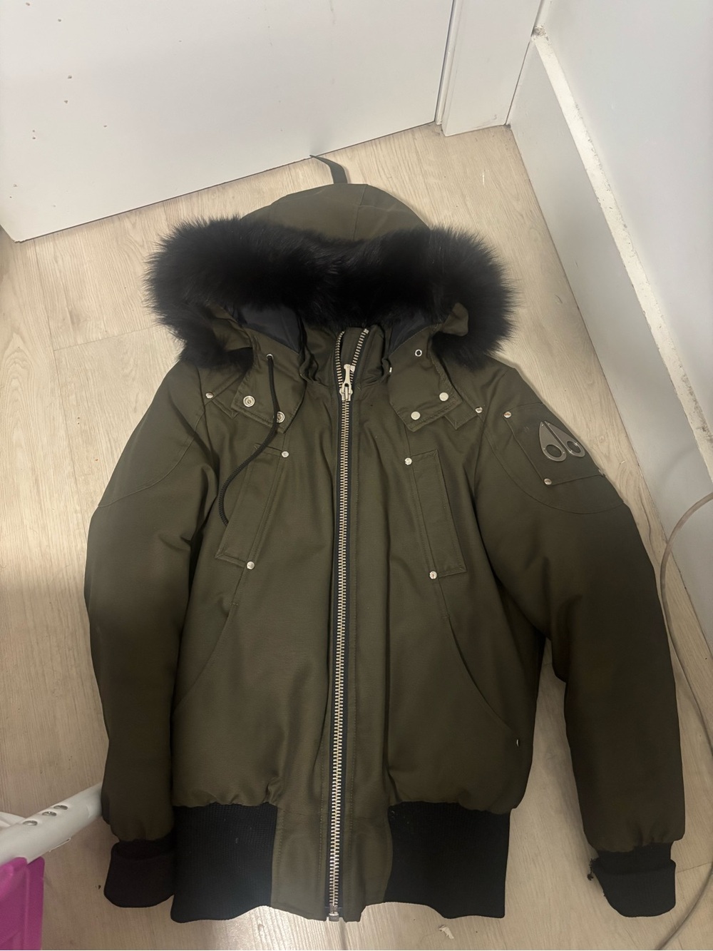 Moose Knuckles Olive Bomber Jacket with Black Fur Hood